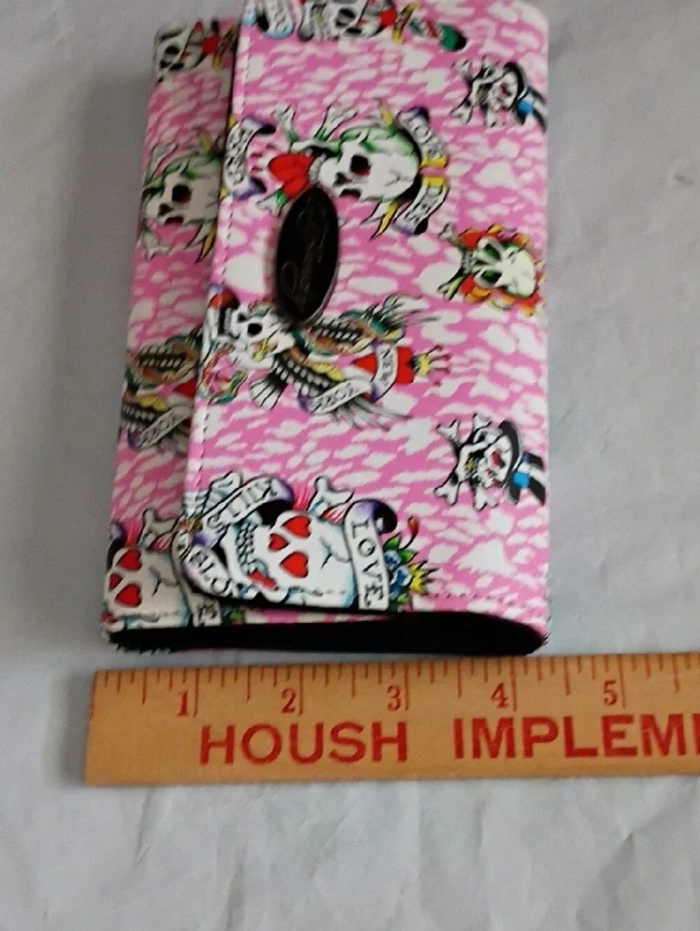 Ed Hardy Pink Skull Tattoo-Print Trifold Wallet NWT